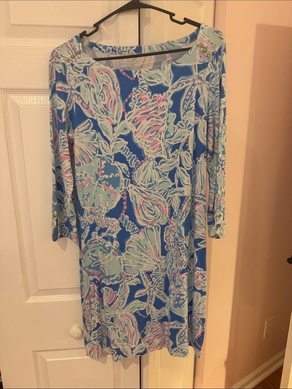 Lilly Pulitzer Blue Shell-Print Long Sleeve Shift Dress